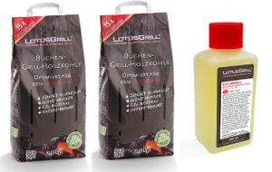 LotusGrill 2X Buchenholzkohle 2,5 kg Sack inkl Brennpaste 200 ml,beides entwickelt für raucharmes Grillen