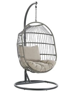 BELIANI Hängesessel mit Metallgestell Schwarz Rattan / Flechtseil 2 Kissen Taupe Hängestuhl Korb Schwebesessel Wohnzimmer Terrasse Balkon Modernes Design