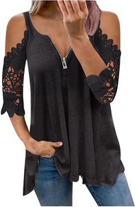 ASKSA Damen Blusen T-Shirt Schulterfrei V-Ausschnitt Tops Lose Langarm Basic Tuniken, Schwarz, M