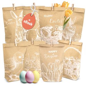 AMARI ® Vintage White Ostertüten Set (12 Stück inklusive Klammern) - Geschenktüten für Ostern aus Papier - Ostern Papiertüten - Ostertüten