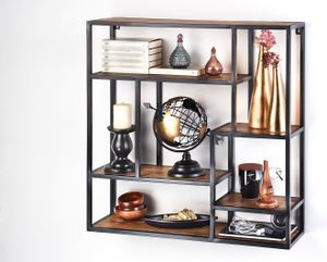 Kobolo Wandregal Hängeregal Regal - aus Mangoholz und Metall - verschiedene Ablageflächen - Wandregal Schweberegal Bücherregal Wohnzimmer Einrichtung