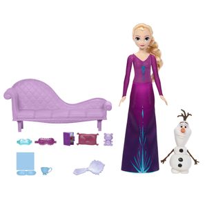 Disney Die Eiskönigin“ Elsa Modepuppe im Schlafoutfit mit Olaf-Figur, Möbelstücke für Puppenhaus und 7 Zubehörteile, inspiriert von den Disney Die Eiskönigin“ Filmen