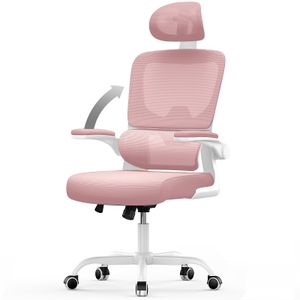 Ergonomischer Bürostuhl - Schreibtischstuhl mit Verstellbarer Kopfstütze - Armlehne Elastische Lendenwirbelstütze Höhenverstellbar - Drehstuhl mit Atmungsaktiver Netzbespannung Rückenlehne - Weiß und rosa