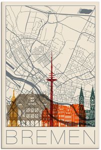 ARTland Leinwandbild Retro Karte Bremen Größe: 60x90 cm