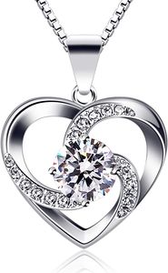 Kette Herz Damen Halskette 925 Sterling Silber Anhänger ''Liebe ist das Glück'' Schmuck Zirkonia 45CM Kettenlänge Geschenk für Damen Weisse
