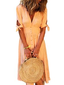 Einfarbiges Kurzarmkleid Für Damen Sommer Lässiges V-Ausschnitt Swing Sommerkleid,Farbe: Orange,Größe:4XL