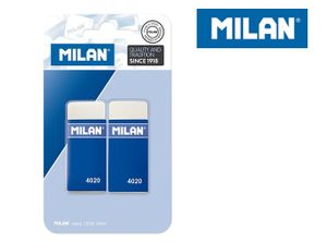 Milan 4020 Packung mit 2 rechteckigen Radiergummis - Brotkrümel - weicher synthetischer Kautschuk - blaue Papphülse - Farbe white