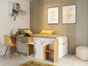 Kombibett 90 x 200 cm mit Schreibtisch und Stauraum - Weiß und Naturfarben + Lattenrost - PEDRO