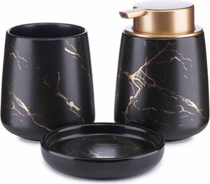 HowHomely Badezimmer set, 3-teilig Badzubehör Seifenspender, Zahnputzbecher und Seifenschale Schwarz Gold