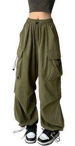 ASKSA Damen Cargohose Baggy Weites Bein Hose Y2K Track Pants Vintage Hohe Taille Freizeithose mit Taschen, Grün, S