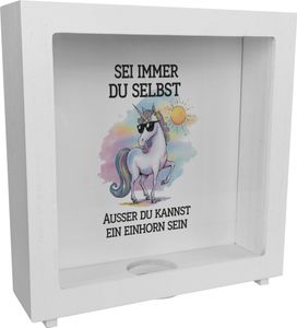 Einhorn mit Sonnenbrille Rahmen Spardose aus Holz Sei ein Einhorn