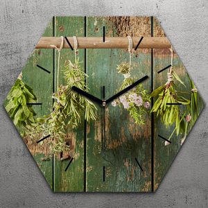 Uhr hexagonal 40 cm Glas Geräuschlos schwarze Zeiger - Hängende Kräuter Herbs