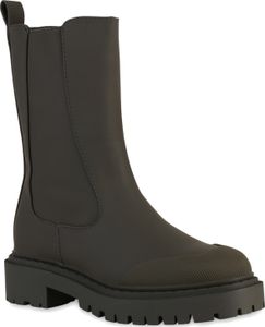 VAN HILL Damen Plateaustiefel Stiefel Blockabsatz Profil-Sohle Schuhe 837918, Farbe: Olivgrün, Größe: 38