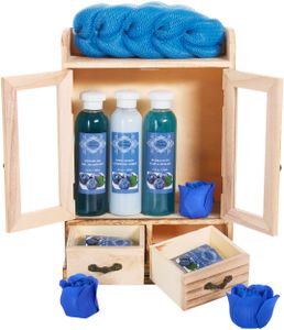 BRUBAKER Cosmetics Bade- und Pflegeset im Holzschrank - Wellness Badeset für Frauen - Damen Geschenkset mit Holz Dekoration, Blueberry Duft