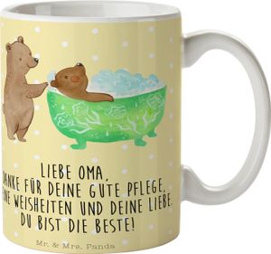 Mr. & Mrs. Panda Tasse Oma Baden - Gelb Pastell - Geschenk, Geschenk Oma, Bruder, Großmutter, Familie, Muttertag, Opa, Tasse mit Motiven, Bürotasse, Porzellantasse, Enkel