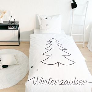 Weihnachten Flanell/Biber-Bettwäsche 80x80 + 135x200 cm · 2-teilig · WINTERZAUBER · Tannenbaum und Sterne - 100% Baumwolle