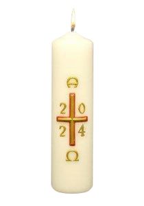 Osterkerze Kreuz rot-gold mit A und O, Jahreszahl 200 x Ø 50 mm