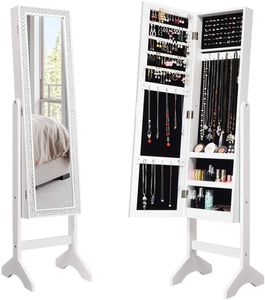 GOPLUS Schmuckschrank mit Standspiegel, Spiegelschrank Makeup Schmuck mit Regal & Kasten, Stehende Schmuckregal mit Bling-Design (Weiß)
