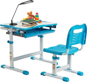 GOPLUS Höhenverstellbarer Kinderschreibtisch, Schülerschreibtisch mit Stuhl, Höhenverstellbare & Neigbare Tischplatte, Ergonomische Gestaltung, ab 4 Jahren (Blau)