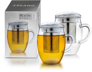 Creano Teeglas all in one 400ml 2er Set, Große Teetasse mit Edelstahlsieb und Deckel aus Glas, Teebereiter in attraktiver Geschenkverpackung (2x 400ml)