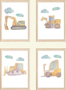 Bagger Bulldozer Gabelstapler 4er Set Kinderzimmer Bilder DIN A4 Poster Babyzimmer Wandbilder Dekoration Baustellenfahrzeuge
