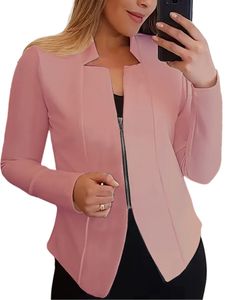 Damen Blazer Langarm Casual Business Jacken Strickjacke Bluses Leicht Outdoor Mantel Rosa - Reißverschluss,Größe L