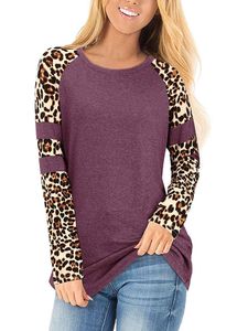Damen Langarm Tops Dailywear Crew Neck Tunika Bluse Casual Leopard Print Tee,Farbe:Violett,Größe:L