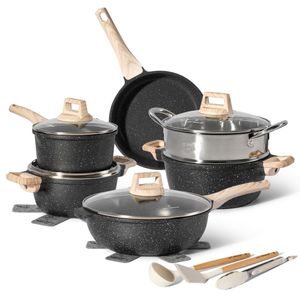 JUST PERFECTO Kochgeschirr-Set mit Töpfen und Pfannen Induktion 15 pcs aus antihaftbeschichtetem Granit mit Dampfgarer (Schwarz) ohne PTFE und PFOA