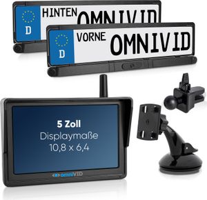 omniVID® Solar 6-Duo Premium Rückfahrkamera-System mit Parksensoren, Kabellos mit 5 Zoll Monitor u. solarbetriebender Kamera zum Nachrüsten