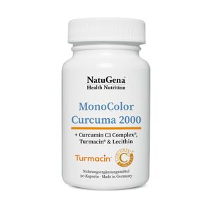 NatuGena MonoColor Curcuma 2000 | 90 Kapseln | vier hochqualitative Curcuma-Wirkstoffe | 250 mg Turmacin® und 500 mg Curcumin C3 Complex® | vegan