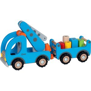 goki 55875 Kranwagen mit Anhänger 32 x 9 x 16 cm, Holz, 5 magnetische Bausteine, 7 Teile