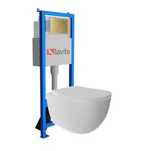 Lavita LAV 101 Vorwandelement für WC 40cm + Wand Hänge Tiefspül WC MONDO Weiß Spülrandlos + Bedienplatte LAV 200.4.5 Gold | Komplettset | Unterputz Spülkasten | Toilette Komplett Sett
