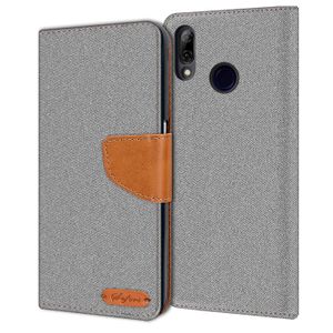 Conie Textil Hülle für Huawei P Smart 2019, Booklet Cover Handytasche Klapphülle Etui mit Kartenfächer, Grau