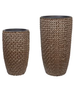 BELIANI Blumentopf 2er Set Braun Rattan mit Innentopf Rund Bauchig Geflochten Verschiedene Größen 66 cm und 85 cm Hoch Modern Outdoor & Indoor