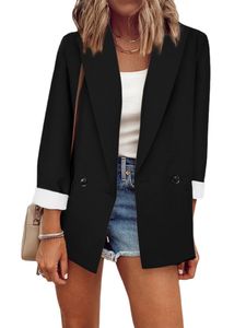 Damen Blazer Jacken Leicht Outdoor Knöpfen Mantel Feste Farbe Arbeiten Langarmshirt Schwarz,Größe 3XL