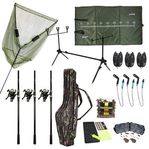 Fish-Xpro Improve Mega Carp Set 3-Ruten – 3 Ruten – Rollen – Karpfenkescher – Rod Pod – Bissanzeiger – Abhakmatte – Futteral