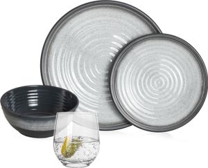 Melamin Camping Geschirr Set 4 Personen Stone Grey + 4 Tiamo Gläser Wassergläser Tafelgeschirr Picknick BBQ Kochgeschirr
