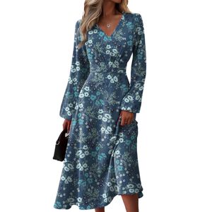 Damen Maxikleider Langarm A Linie Kleid Elegantes Lose Krawatte Taille Swing Freizeitkleid BlauGröße:EU XL
