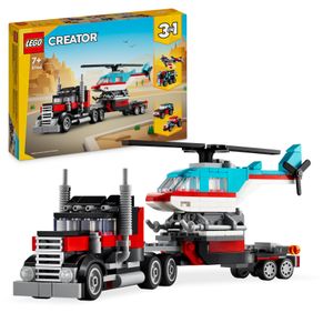 LEGO Creator 3in1 Tieflader mit Hubschrauber, Fahrzeuge-Set mit Helikopter- und LKW-Spielzeug, Flugzeug und Tanklaster, Hot Rod und SUV, Geschenk für 7-jährige Jungs und Mädchen 31146