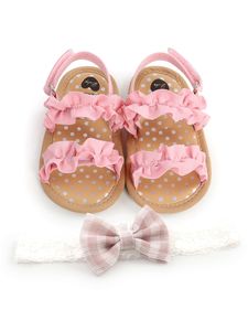 Kleinkind Sommerschuhe Wanderschuhe Baby Sandalen Mit Weicher Sohle Walking Sandalen Pink mit Haarband,Größe EU 22