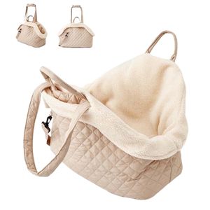 Welpen-Samt-Baumwoll-Hundetasche,tragbare Katzentasche,leichte Wintertasche mit Taschen, geeignet für Welpen und Kätzchen,beige Farbe