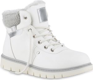 VAN HILL Damen Warm Gefüttert Worker Boots Stiefelette Strick Winter Schuhe 841486, Farbe: Weiß, Größe: 38
