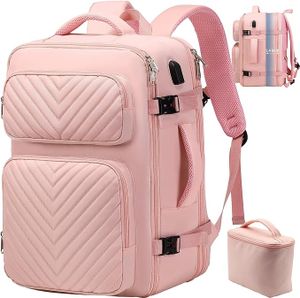 Delgeo Cestovní batoh pro ženy, batoh s příručním zavazadlem, rozšiřitelný neformální stylový batoh, vhodný pro 17,3palcový notebook, neformální batoh na víkend venku na turistické stezce, růžový