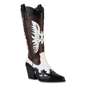 VAN HILL Damen Cowboystiefel Trichterabsatz Trendy Schuhe 841120, Farbe: Schwarz Weiß, Größe: 37