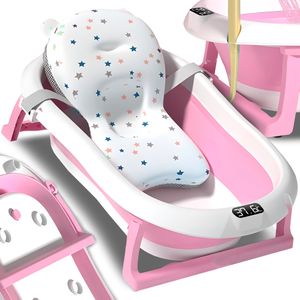 Badewanne Faltbare Babybadewanne, Babywanne mit LCD-Thermometer, Faltbar Badewannen Stützkissen Sitzmatte, Tragbare Reisedusche Badebecken Duschwanne