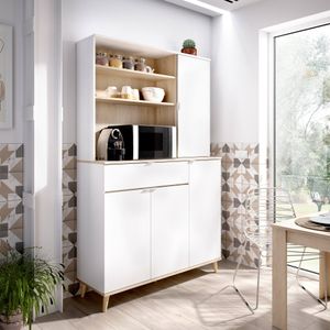 Sideboard Dmere, Pantry-Buffet für Wohnzimmer, Modernes Sideboard für Wohnzimmer mit 4 Türen, 120x40h191 cm, Weiß und Eiche