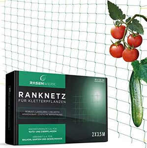 RASENWERK® - Ranknetz 2x3,5m Rankhilfe mit großen Maschen - Perfekt für Gurken, Tomaten und Kletterpflanzen - Ideal für Gewächshaus - Pflanzennetz, Pflanzenhalter, Kletternetz grün - 2m x 3,5m