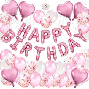 Geburtstagsdeko Mädchen Happy Birthday Girlande Ballons Geburtstag Dekoration Set mit Luftballons Rosa, Seidenpapier Pompoms Rosa für Deko Geburtstag Taufe Mädchen