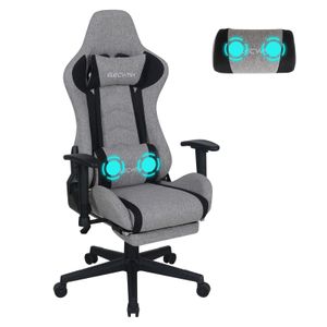 Puluomis Gaming stuhl mit fußstütze und Massage 150kg Bürostuhl ergonomisch Chefsessel Computerstuhl Drehstuhl leinen Grau