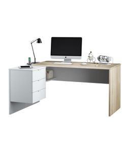 Greensboro Schreibtisch, Wendeschreibtisch mit Kommode, Studier- oder Bürotisch mit Eck-PC-Halterung, cm 145x108h73, Eiche und Weiß